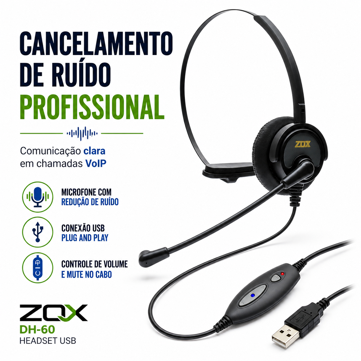 Headset Zox DH-60 USB VoIP com cancelamento de ruído